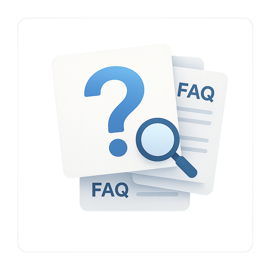 Tarjetas estilizadas con preguntas frecuentes.